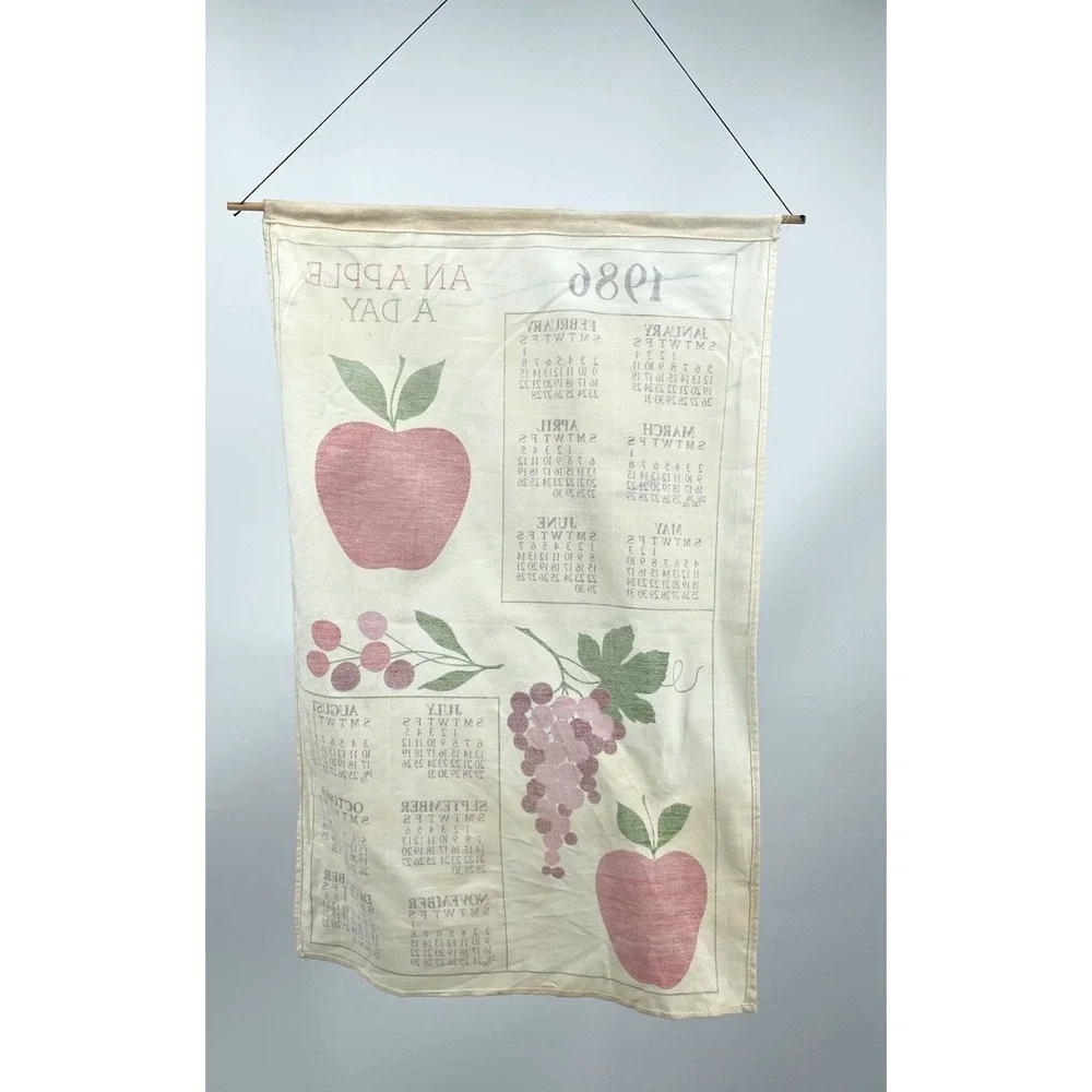 Vintage 1986 Linen Calendar Tea Towel Apple Grapes Fruit Wall Hanging 24x16